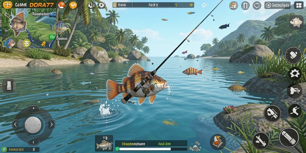 Tampilan gameplay DORA77 yang menarik saat menangkap ikan.