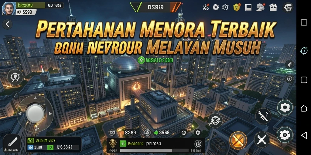 Screenshot gameplay DS99 menampilkan pertahanan menara yang dinamis dalam pertempuran.