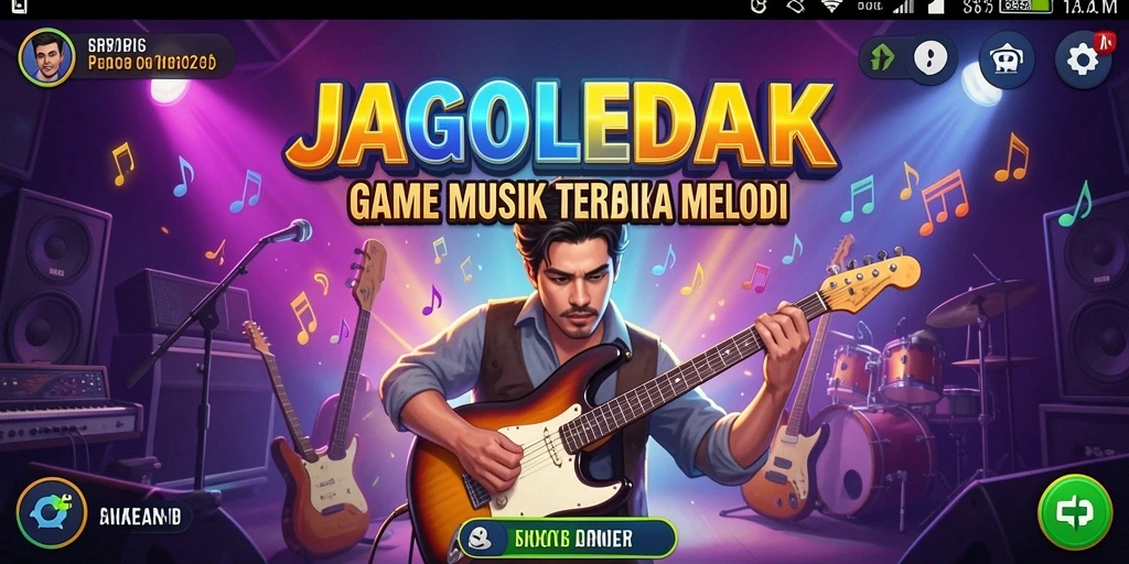 Screenshot utama menunjukkan gameplay menarik JAGOLEDAK dengan notasi musik.
