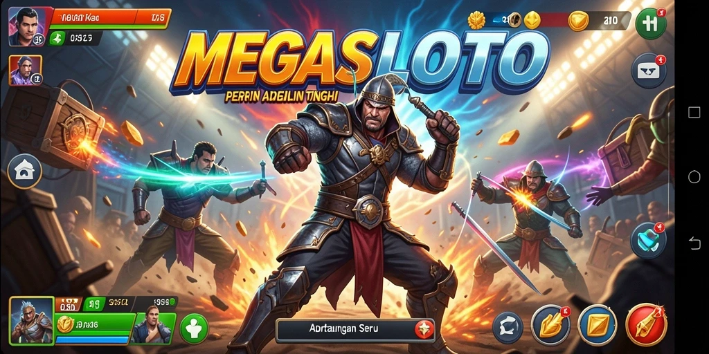 Screenshot gameplay MEGASLOTO menampilkan karakter bertarung di arena yang seru.