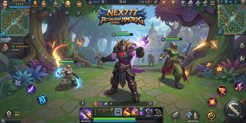 Screenshot NEX777 menampilkan karakter dalam pertempuran seru di dunia MMORPG.