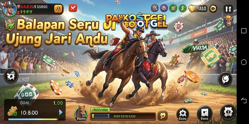 Screenshot gameplay PAKBOSTOGEL yang menunjukkan mobil melaju di trek balap.